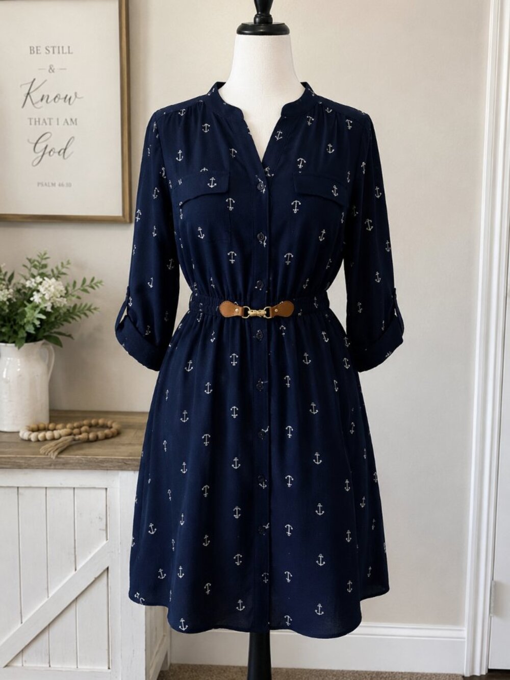 Always Indigo Navy Anchor Print Shirt Roll Tab Sleeves Nautical Preppy